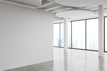 Light empty office hall with panoramic window on skyscrapers, mock up wall