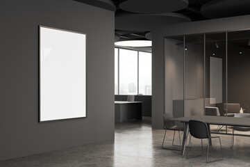 Grey business room interior with conference table and relax place, mock up frame