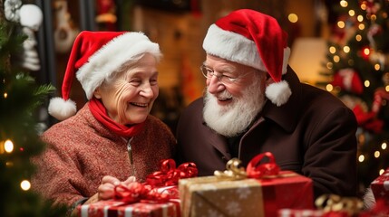 Fototapeta na wymiar an elderly couple open a gift box and rejoice together in the living room decorated with a Christmas tree on Christmas day Generative AI
