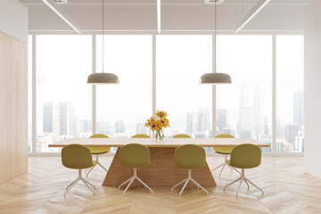 Cozy meeting room interior with colored seats and table, panoramic window