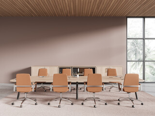 Cozy office conference room interior with armchairs and table. Mockup wall