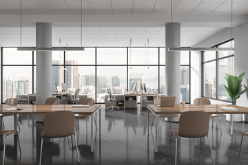 Panoramic white open space coworking office interior