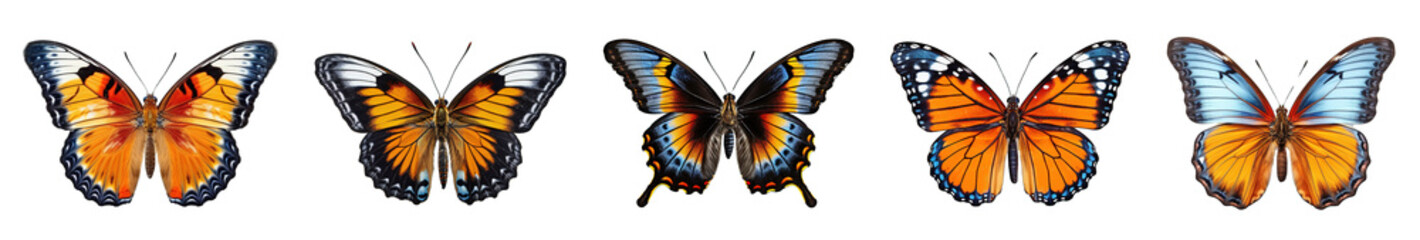 Beautiful butterflies set isolated on transparent background, tropical butterflies. insects for design. colored moths