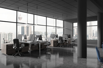 Panoramic gray open space office corner with columns