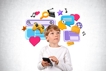 Schoolboy with smartphone, social media and online entertainment icons