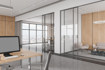 Modern business interior with work and relax place, glass doors and window