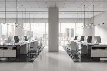 White open space office interior with columns