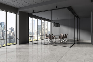 Dark stylish conference room interior with board and seats, panoramic window