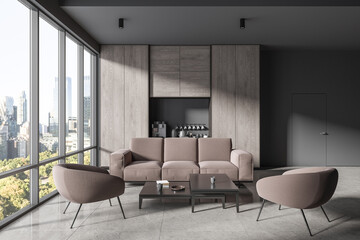 Gray office waiting room interior with couch and coffee machine