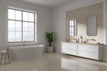 Fototapeta na wymiar Classic hotel bathroom interior with bathtub and double sink, window