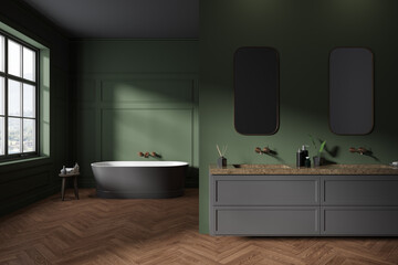 Classic green bathroom interior with tub and double sink