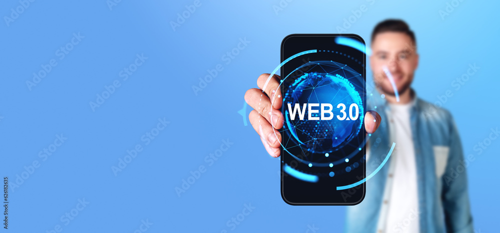 Poster smiling man showing a smartphone with glowing web 3.0 hologram