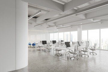 Business office interior with workspace and conference zone, panoramic window