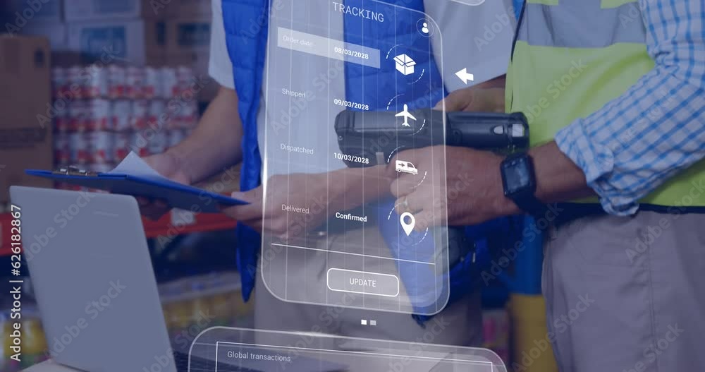Aufkleber animation of data processing on screens over caucasian men working in warehouse