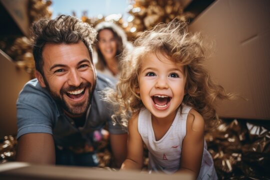 Happy Parents Having Fun With Their Daughter While Pushing Her In A Cardboard Box At Their New Home.