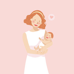 Mother Embrace Baby full of Love with Pink Peach Flower Background