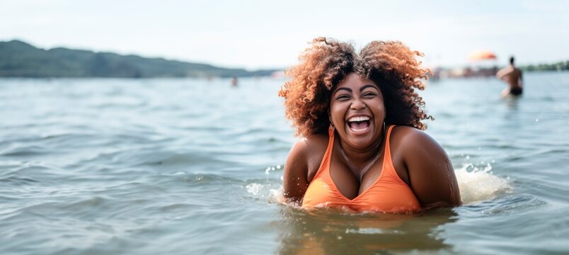 A young smiling African American woman having a bath in the beach, AI generated