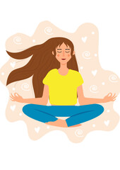 Flat illustration of a girl doing yoga meditation calm and serene peace aura lotus position