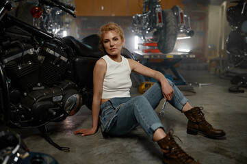 Fototapeta na wymiar Pretty trendy girl mechanic sitting on garage floor nearby motorcycle