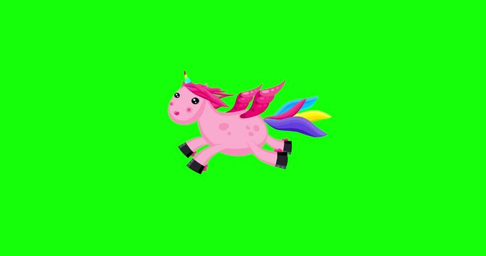 Cartoon isolated pink unicorn flying character green screen. Sweet fantastic pet animal. Good for any movie, presentation, etc... Funny sweet and cute children animation seamless loop.