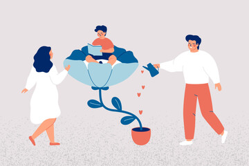 Father and mother care of the son. Parents are engaged in the upbringing and development of their baby. Boy sits on the big flower and dad is watering this plant. Family relationship and bonds. Vector