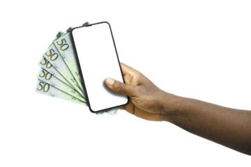 Black hand holding mobile phone with blank screen and Libyan dinar notes
