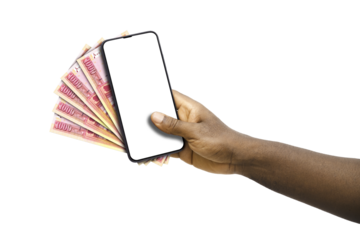 Black hand holding mobile phone with blank screen and Afghan Afghanis notes
