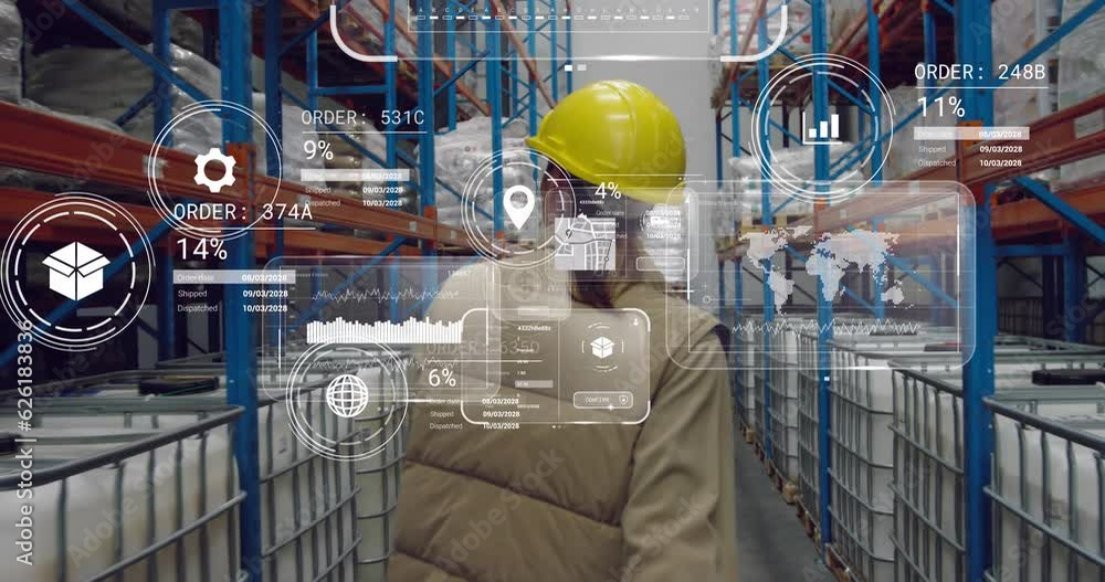 Poster animation of data processing on screens over caucasianwo man working in warehouse