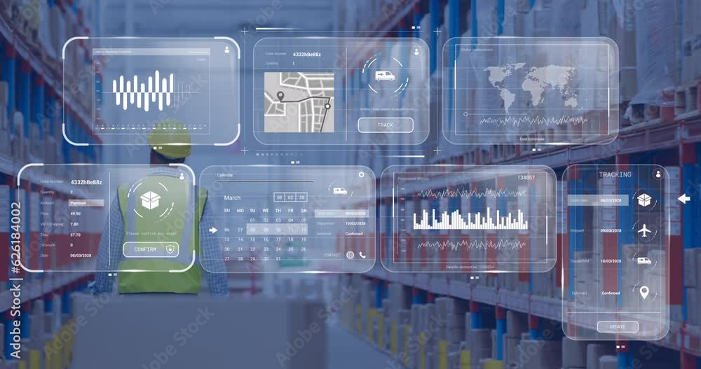 Aufkleber animation of data processing on screens over caucasian man working in warehouse