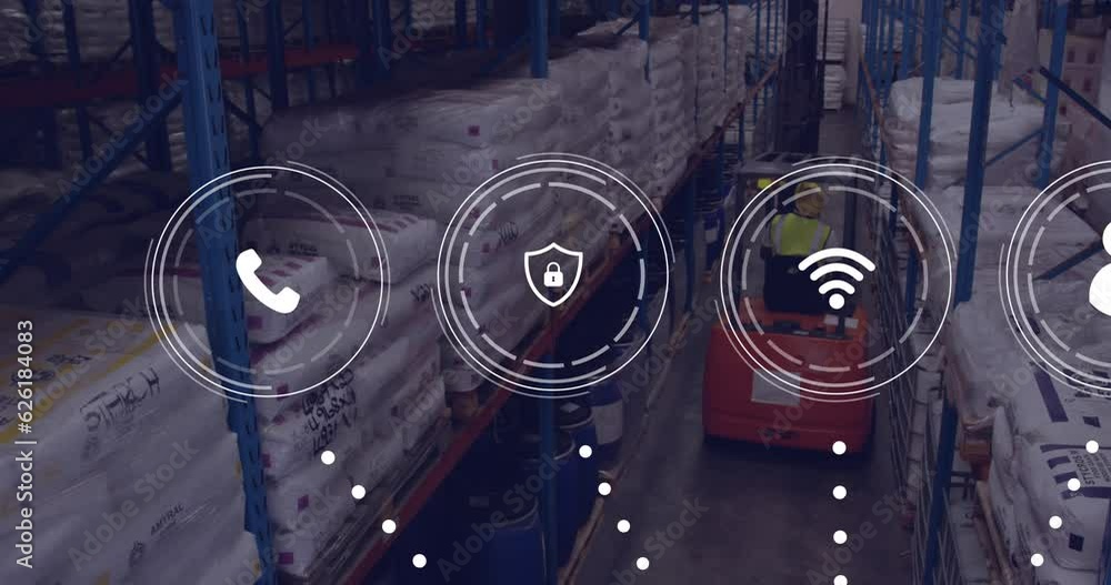 Aufkleber animation of data processing and icons over caucasian man working in warehouse