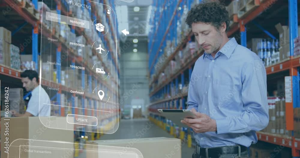 Aufkleber animation of data processing on screens over caucasian man working in warehouse