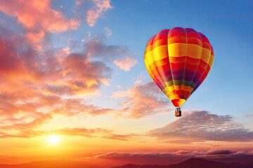 Hot air balloon in the sunset evening sky and pure cloud copy space.