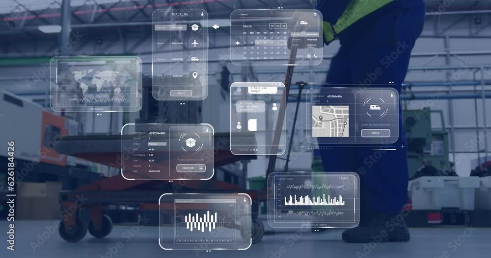 Poster animation of data processing on screens over man working in warehouse