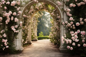 Fototapeta premium Old vintage garden with marble arches and roses.