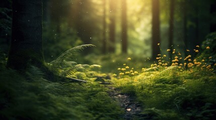 Fototapeta na wymiar Silent Forest in spring with beautiful bright sun rays. Generative AI