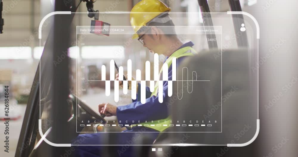 Poster animation of data processing on screen over asian man working in warehouse