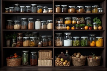 Pantry with neat and organized shelves, showcasing cooking essentials.