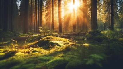 Obraz premium Silent Forest in spring with beautiful bright sun rays. Generative AI