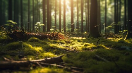 Obraz premium Silent Forest in spring with beautiful bright sun rays. Generative AI