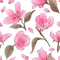 Seamless watercolor floral pattern - composition of pink royalty apple tree flowers and branches on white background, perfect for wallpapers, wrappers, postcards, greeting cards, romantic events.