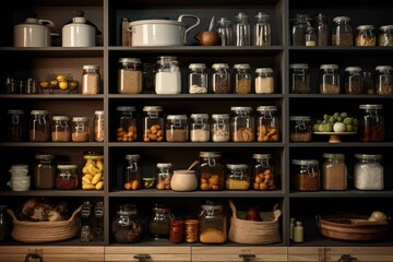 Pantry with neat and organized shelves, showcasing cooking essentials.