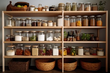 Fototapeta na wymiar Pantry with neat and organized shelves, showcasing cooking essentials.