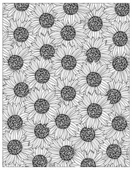 seamless floral sunflower pattern coloring page for adult, bold outlines flower, botanical sunflower plant outline