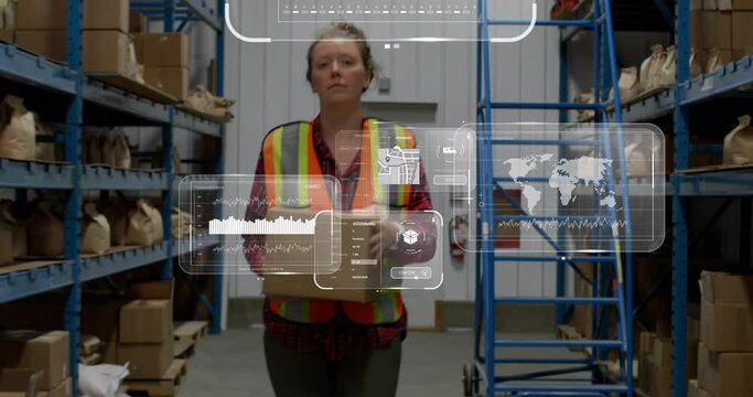 Animation of data processing on screen over caucasian woman working in warehouse