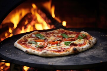 Hot fresh pizza pulled out of the oven after roasting over a fire.