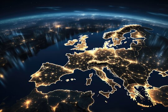 Earth at night, view of city lights showing human activity in Europe from space. EU and Mediterranean on world dark map on global satellite photo.
