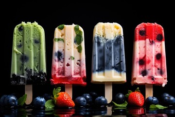 Variety of popsicles of different flavors with strawberries and blueberries on black background.