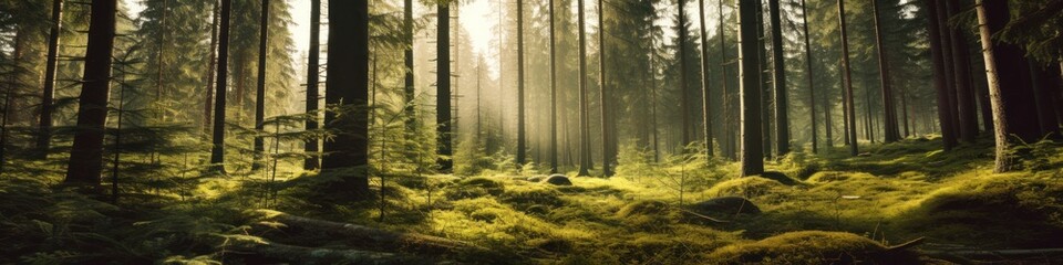 Naklejka premium Silent Forest in spring with beautiful bright sun rays. Generative AI