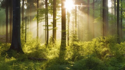 Silent Forest in spring with beautiful bright sun rays. Generative AI