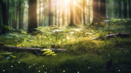 Silent Forest in spring with beautiful bright sun rays. Generative AI